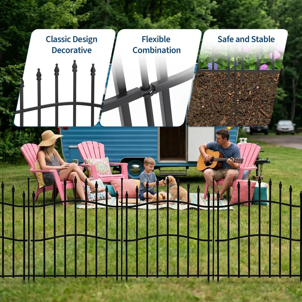 HiMiss Decorative No Dig Metal Garden Fence Panels With Gate