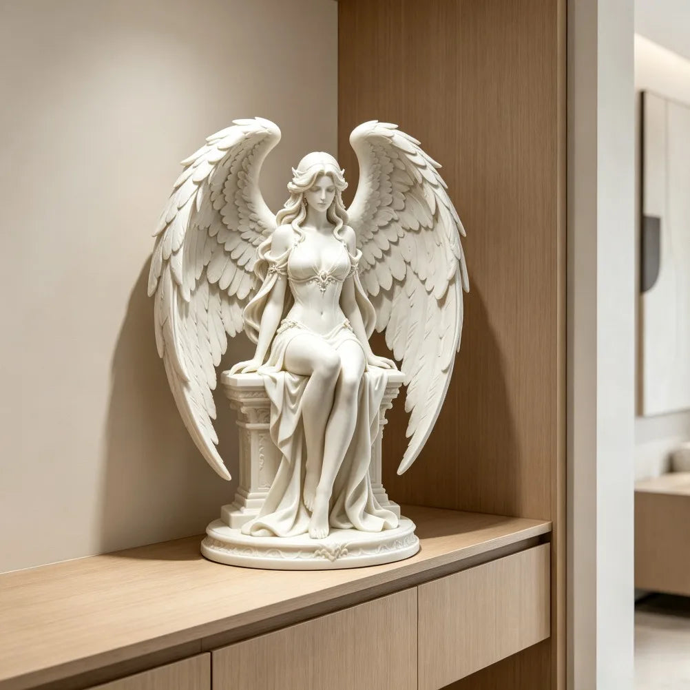 Elegant Resin Angel Sculpture Featuring Layered Feather Wings Decor