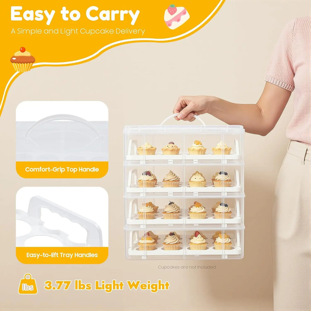 Bymaocar 4 Tier Cupcake Carrier Container Holds 48 Cupcakes