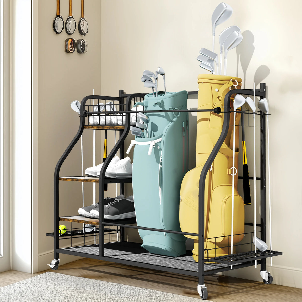 Metal Multifunctional Rolling Golf Bag Storage Rack With Wheels