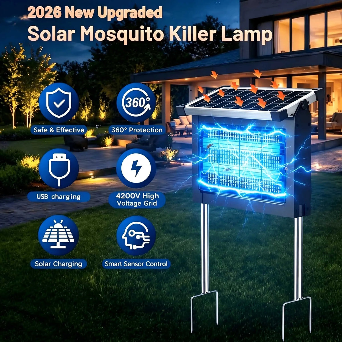 Outdoor Solar Bug Zapper With Panel Sensor For Garden Use