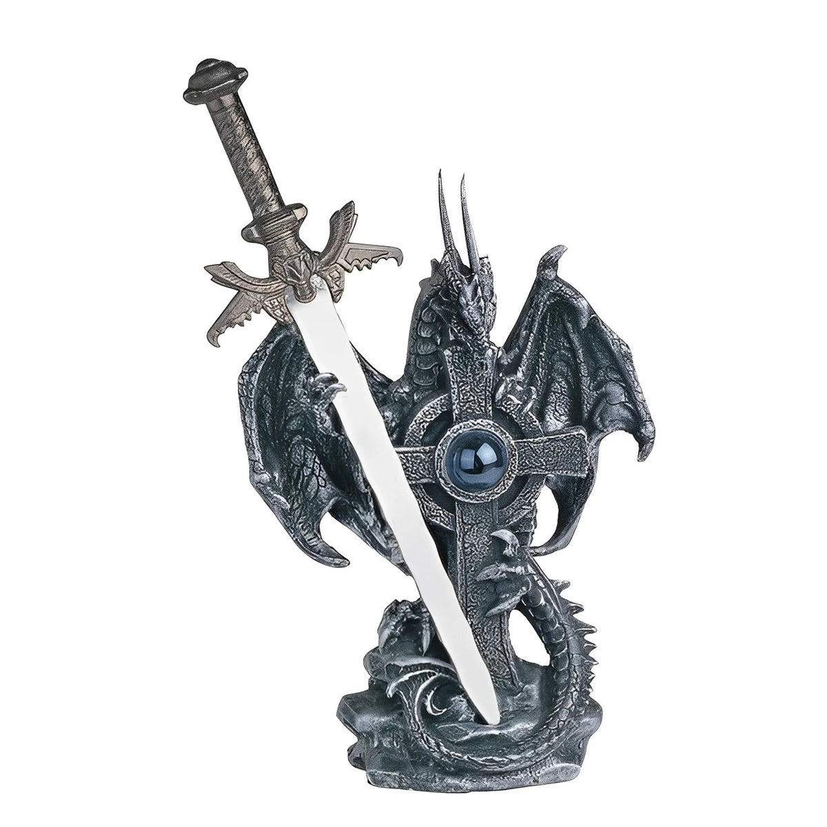 STEALSTREET Fantasy Resin Dragon Statue With Sword And Geode Base
