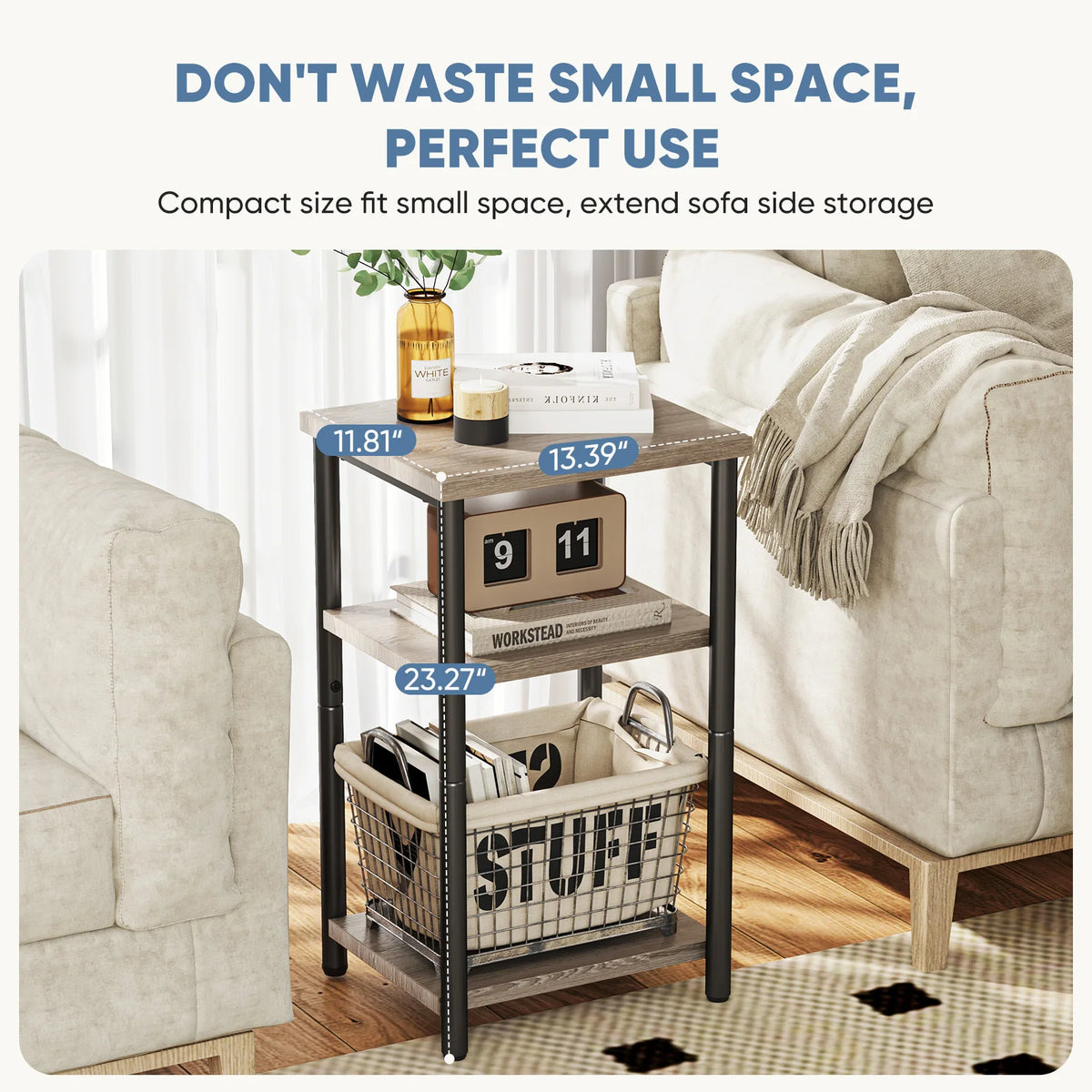 MCQ Wooden Three Tier Coffee Table With Storage Shelf With Adjustable Feet