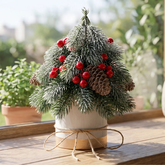 Frosted Artificial Christmas Tree Tabletop Decor With Pine Cones Berries