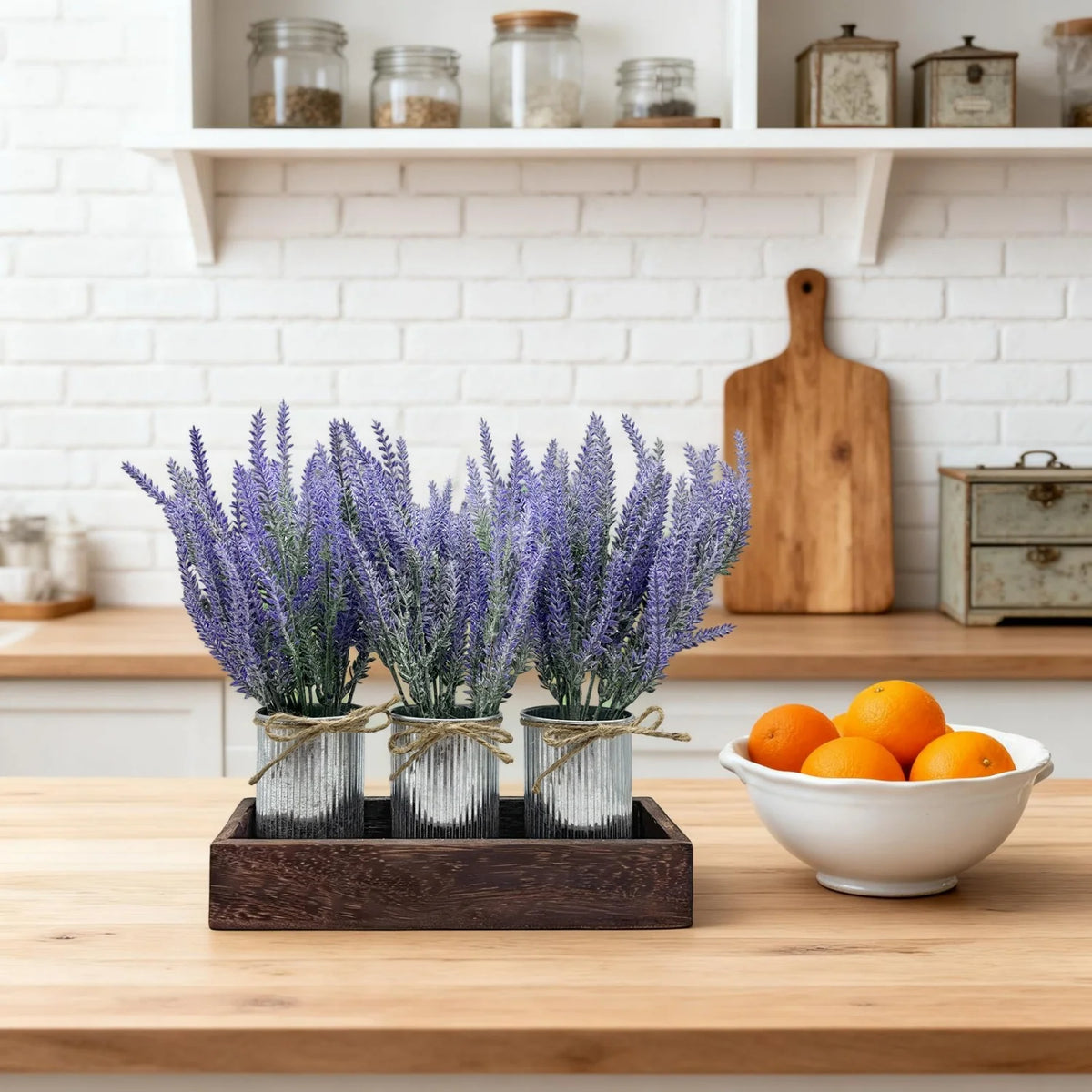 HiMISS Faux Lavender Centerpiece With Wooden Tray And Pot