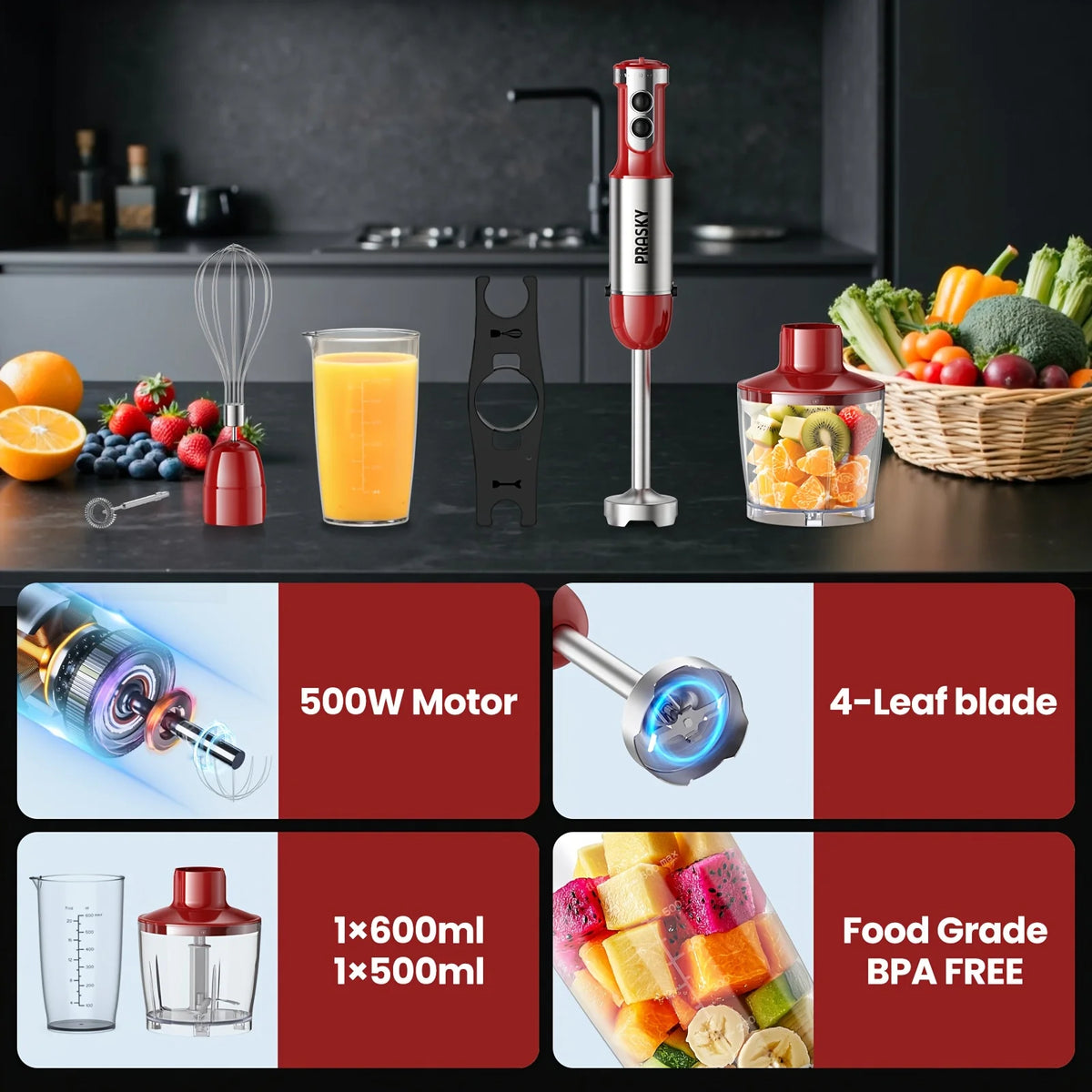 Prasky 5In1 Handheld Immersion Blender With Whisk And Chopper