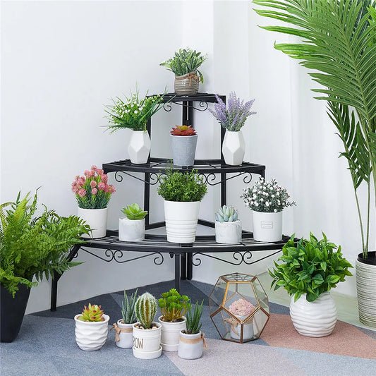 Three Tier Metal Corner Plant Stand For Indoor And Outdoor