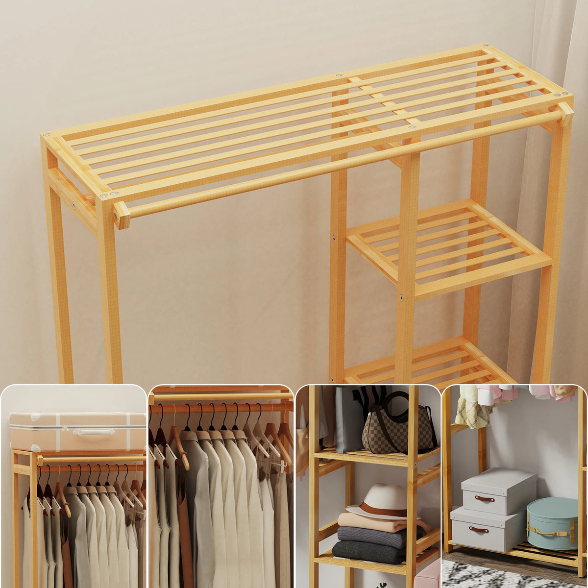 6 Tier Bamboo Garment Rack Open Wardrobe Storage Shelves