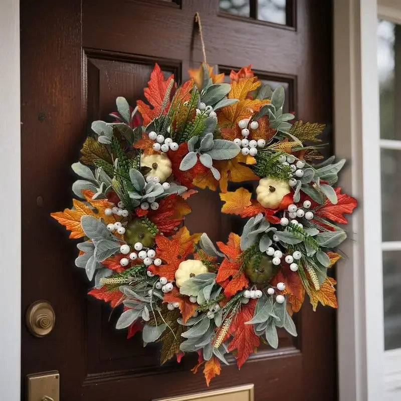 Autumn Wreath With Maple Leaves And Pumpkin Decor For Front Door