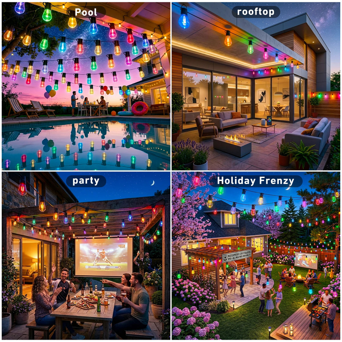 Weather Resistant Outdoor LED String Lights With App Control