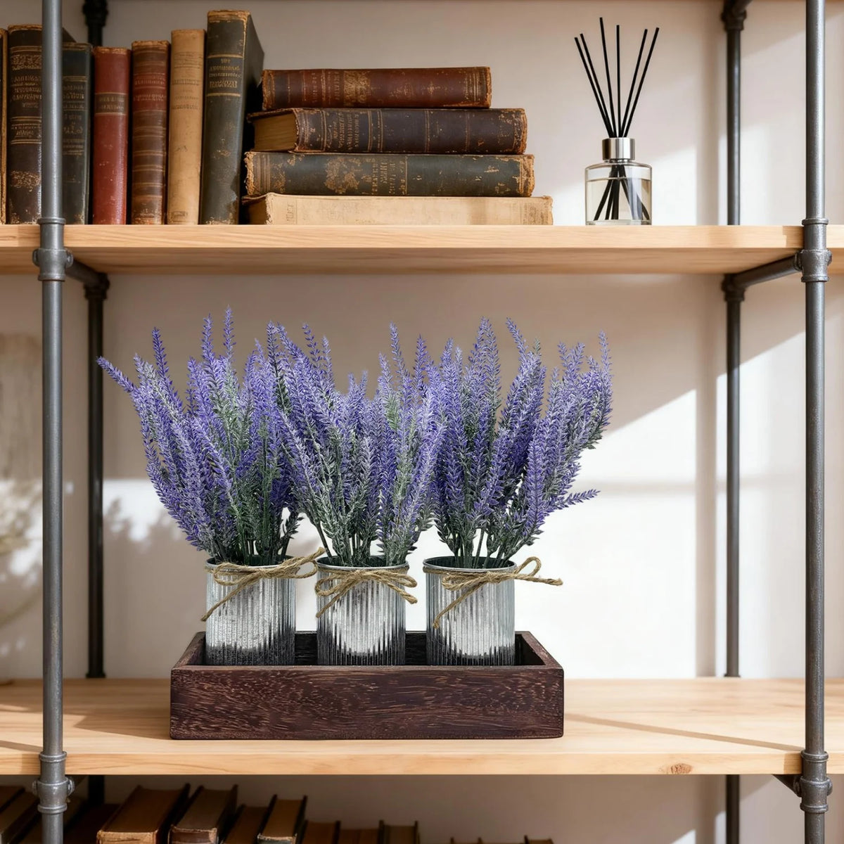 HiMISS Faux Lavender Centerpiece With Wooden Tray And Pot