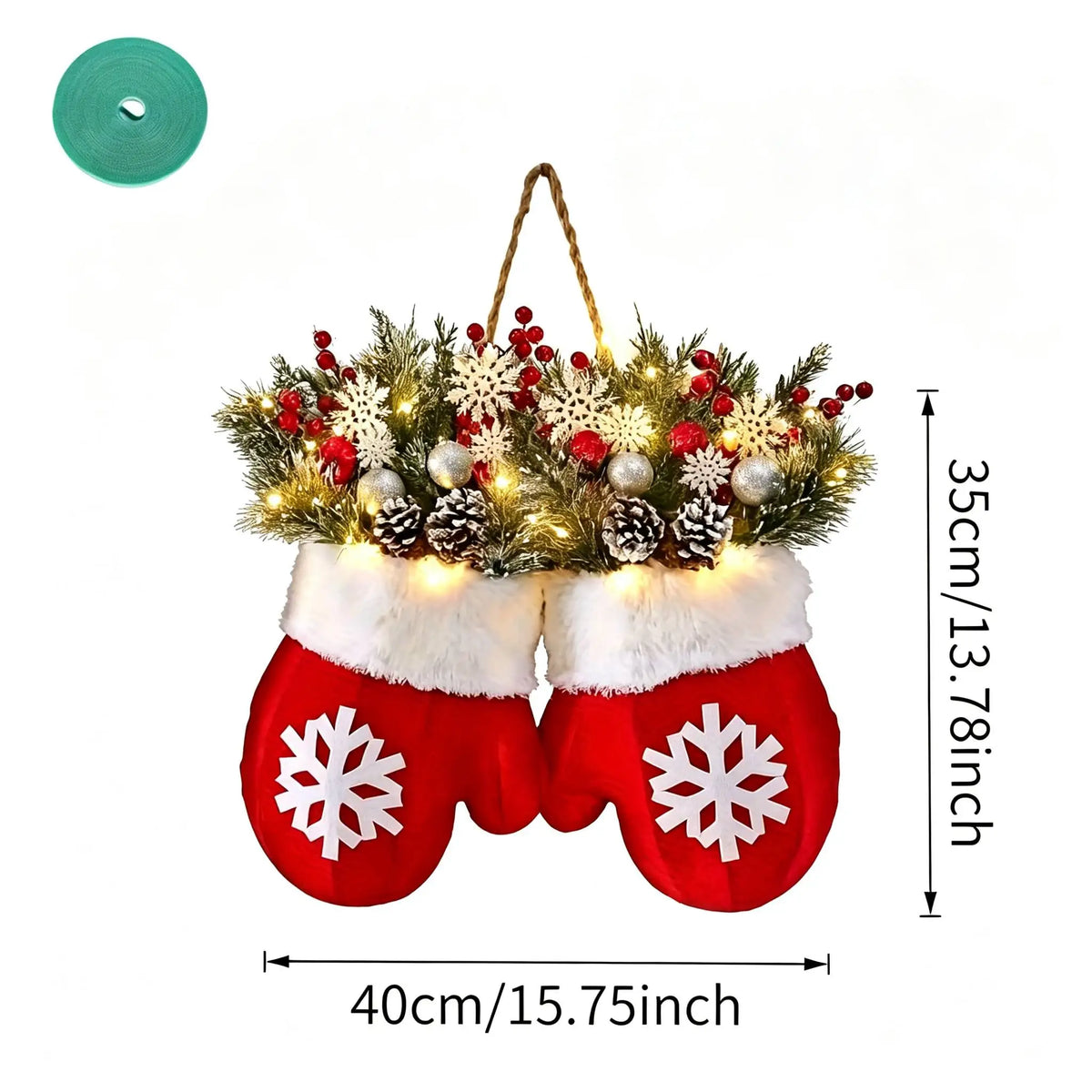 LED Twinkling Mitten Christmas Wreath with Artificial Pine and Berries