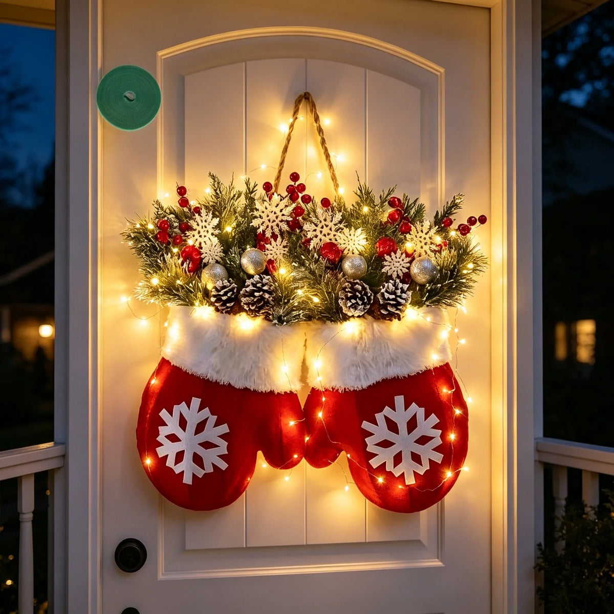 LED Twinkling Mitten Christmas Wreath with Artificial Pine and Berries