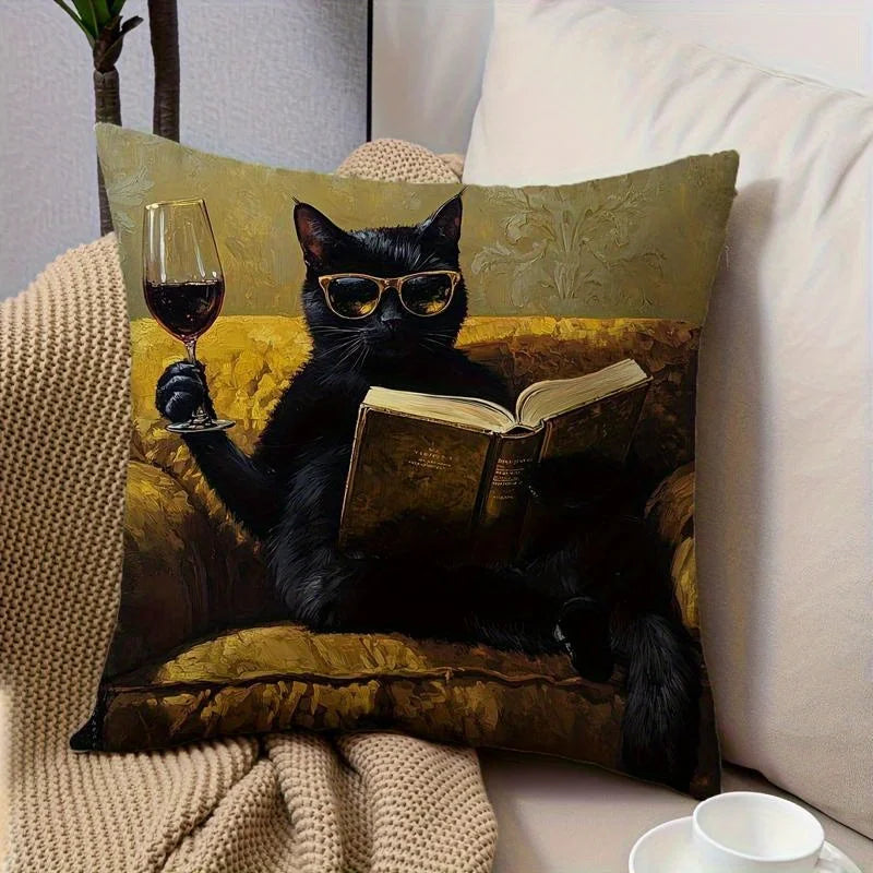 Soft Polyester Cat With Wine Book Design Throw Pillow Cover