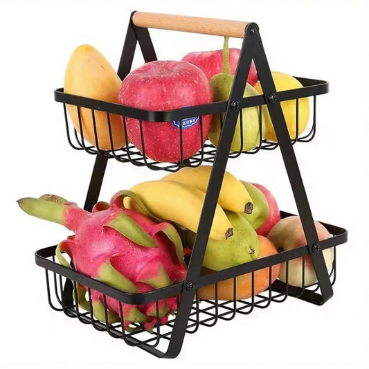 Two Tier Stainless Steel Wire Fruit Basket With Wooden Handle