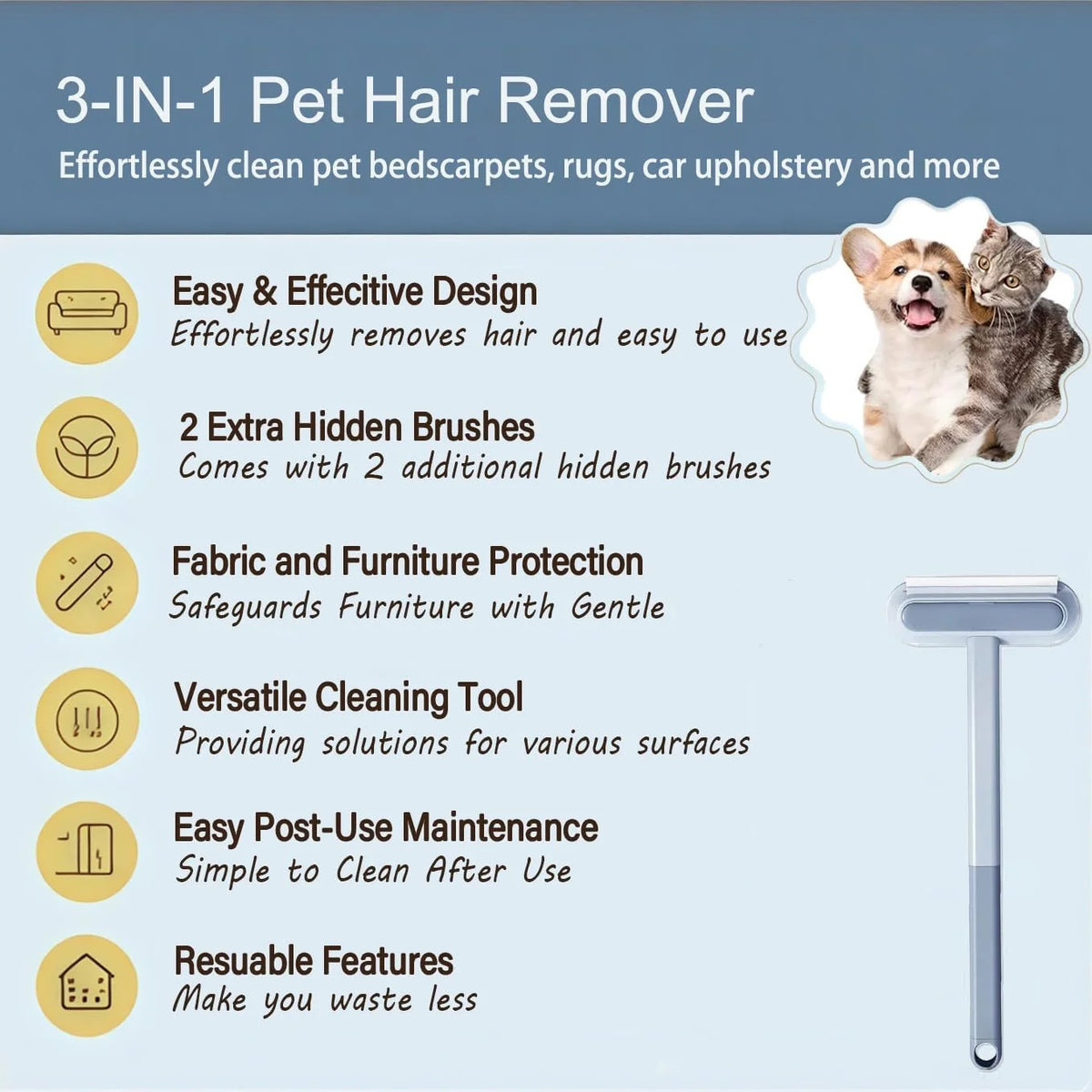 Reusable Pet Hair Remover Brush For Couch Carpet And Furniture