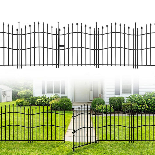 HiMiss Decorative No Dig Metal Garden Fence Panels With Gate