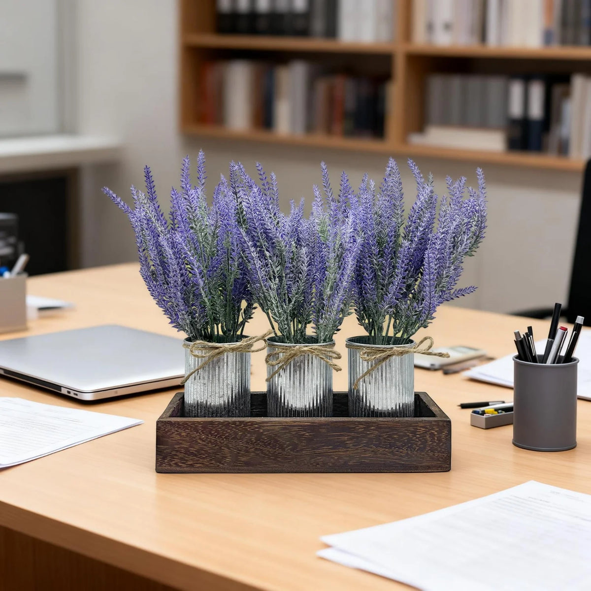 HiMISS Faux Lavender Centerpiece With Wooden Tray And Pot