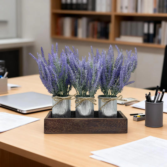 HiMISS Faux Lavender Centerpiece With Wooden Tray And Pot