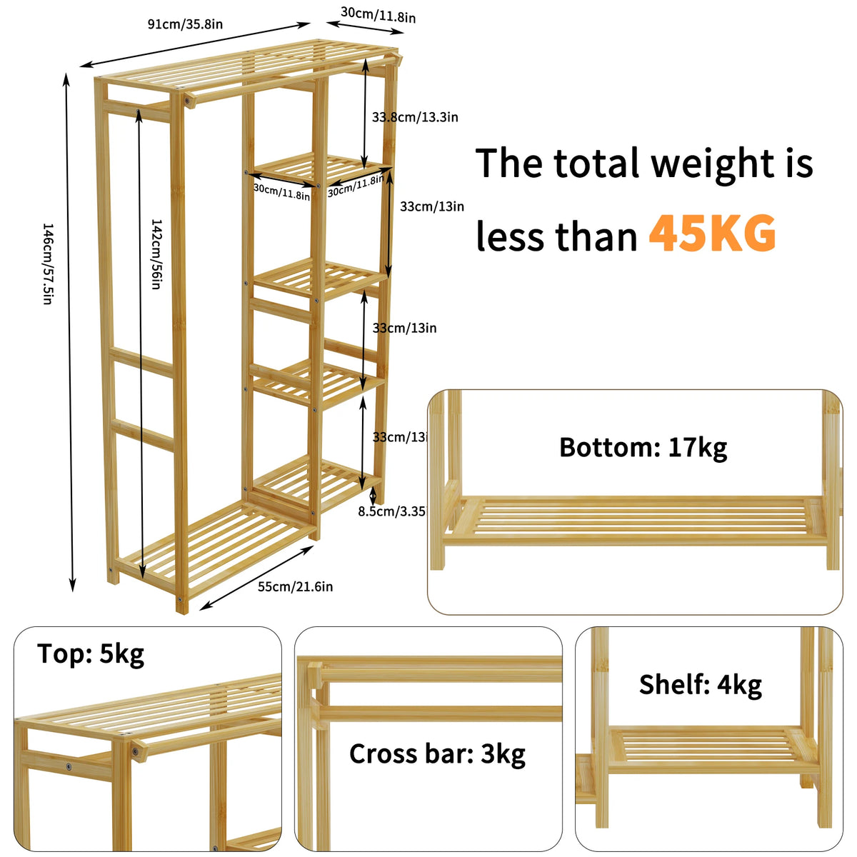 6 Tier Bamboo Garment Rack Open Wardrobe Storage Shelves