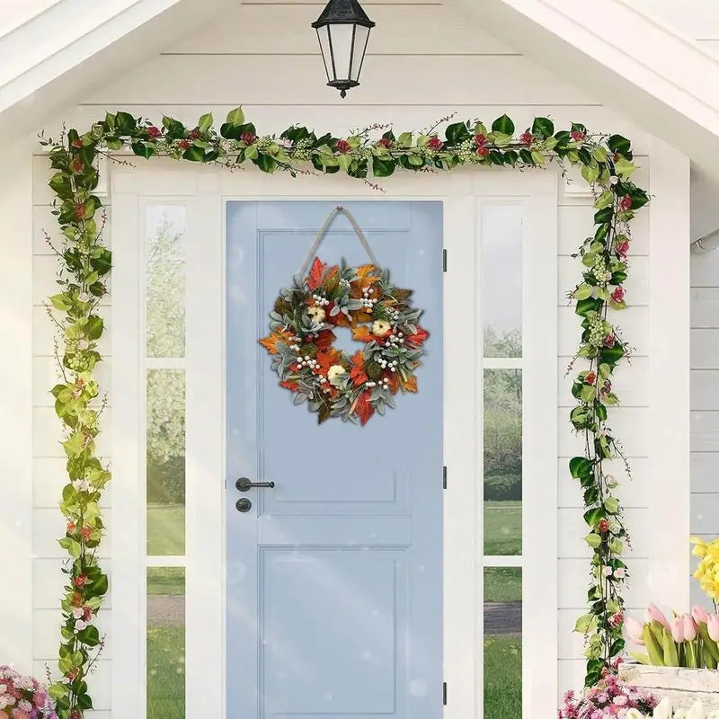 Autumn Wreath With Maple Leaves And Pumpkin Decor For Front Door