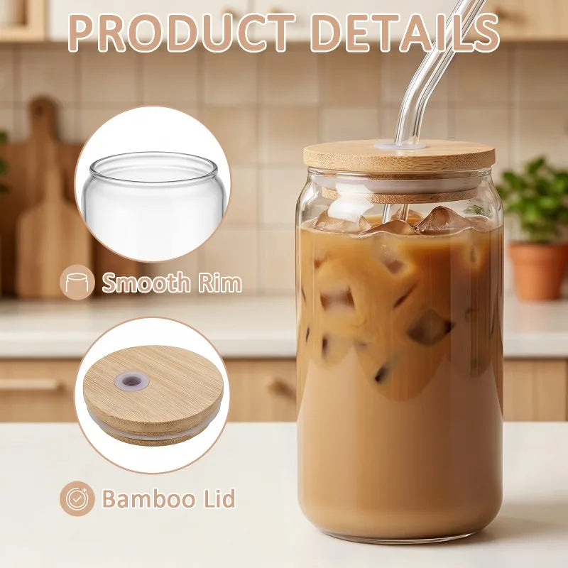Glass Iced Coffee Cups With Bamboo Lids And Glass Straws