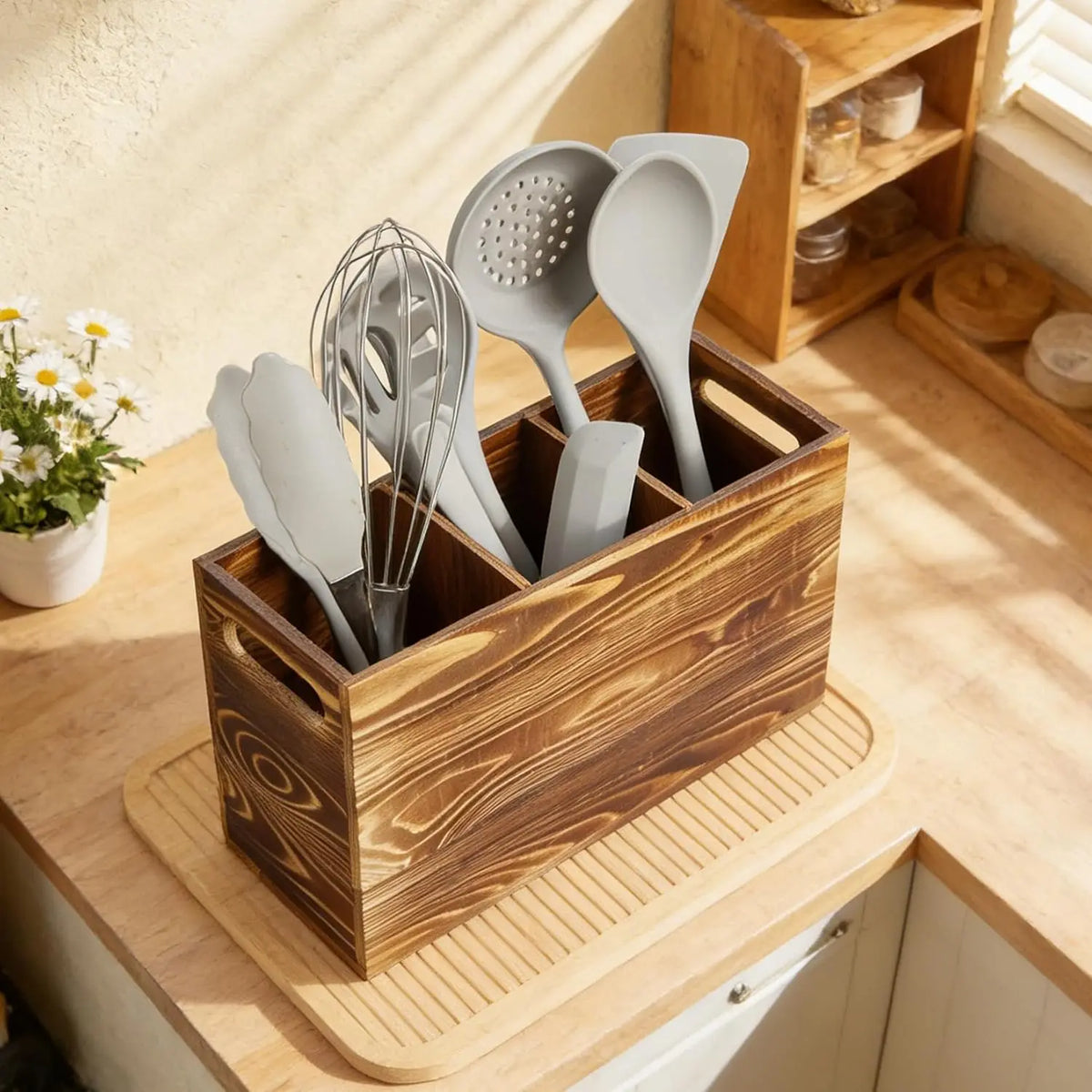 Garvee Rustic Pine Wood Utensil Holder Caddy With Handle