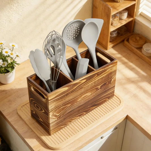 Garvee Rustic Pine Wood Utensil Holder Caddy With Handle