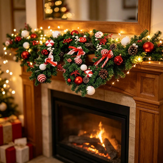 Artificial Pine Christmas Garland With Festive Candy Cane Decorations