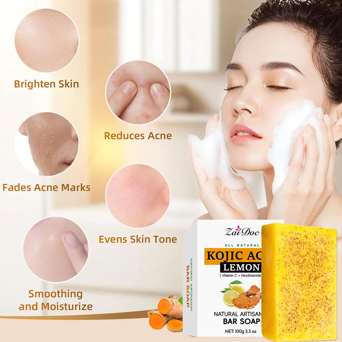 Zaidoc Kojic Acid Lemon Turmeric Soap Brightening Cleanser