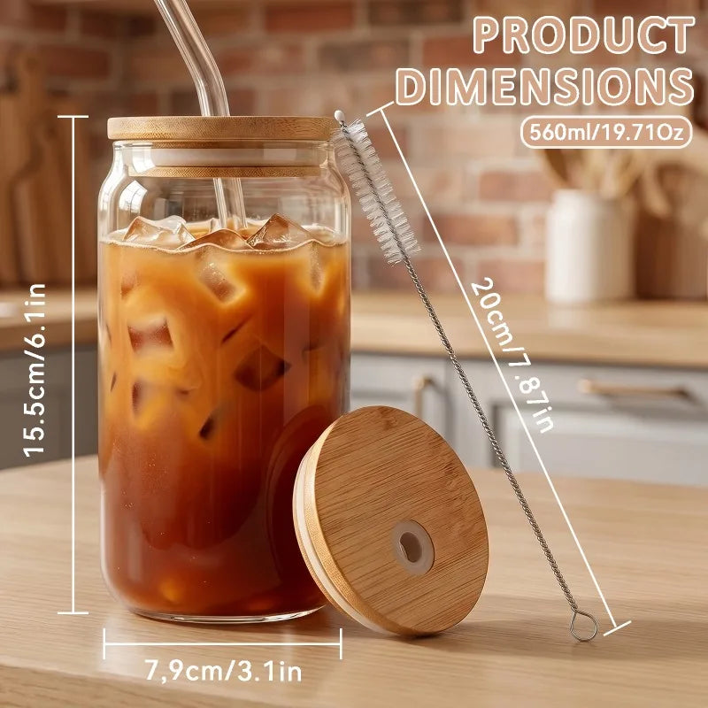 Glass Iced Coffee Cups With Bamboo Lids And Glass Straws