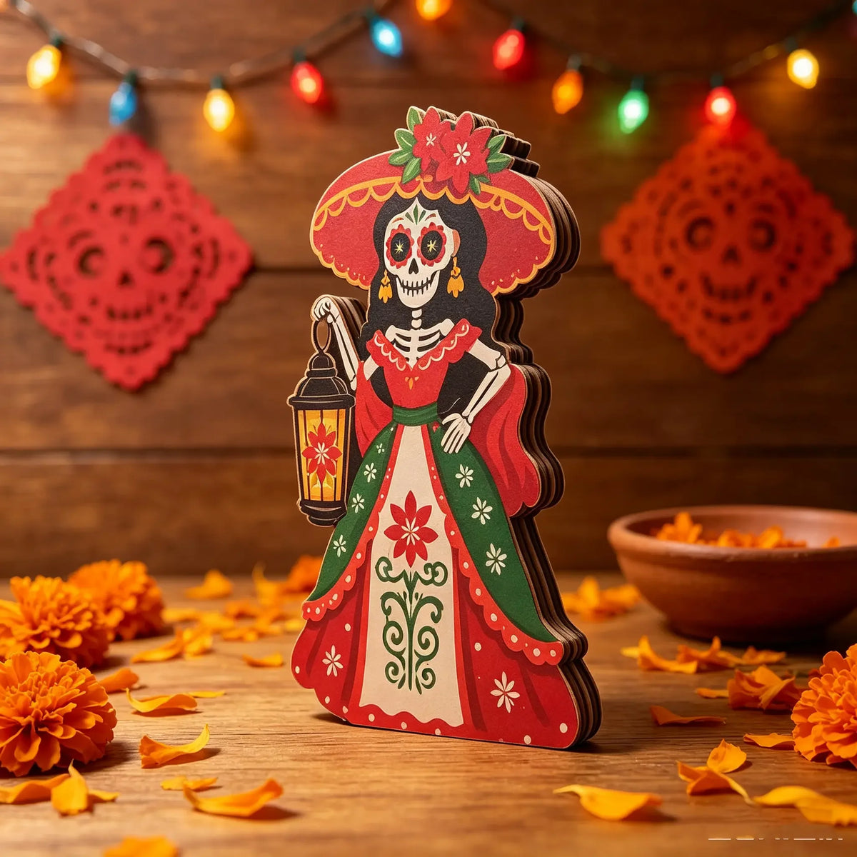 Decorative Wooden Day Of The Dead Sugar Skull Desktop Ornament