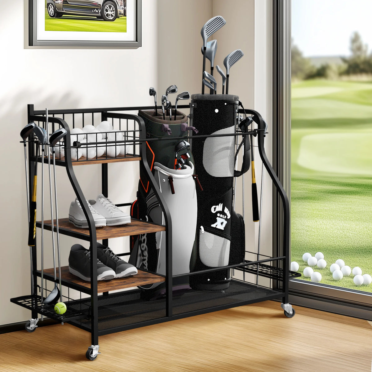 Metal Multifunctional Rolling Golf Bag Storage Rack With Wheels