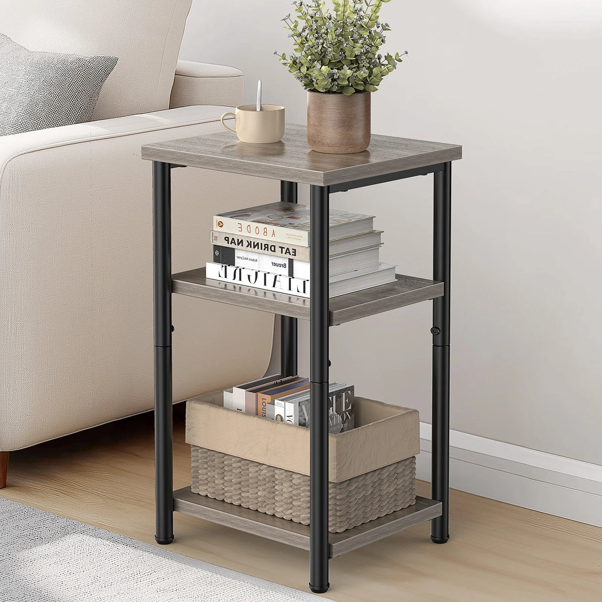 MCQ Wooden Three Tier Coffee Table With Storage Shelf With Adjustable Feet