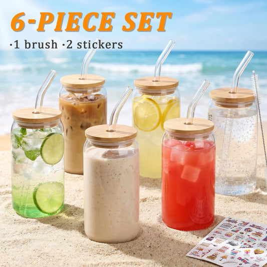 Glass Iced Coffee Cups With Bamboo Lids And Glass Straws