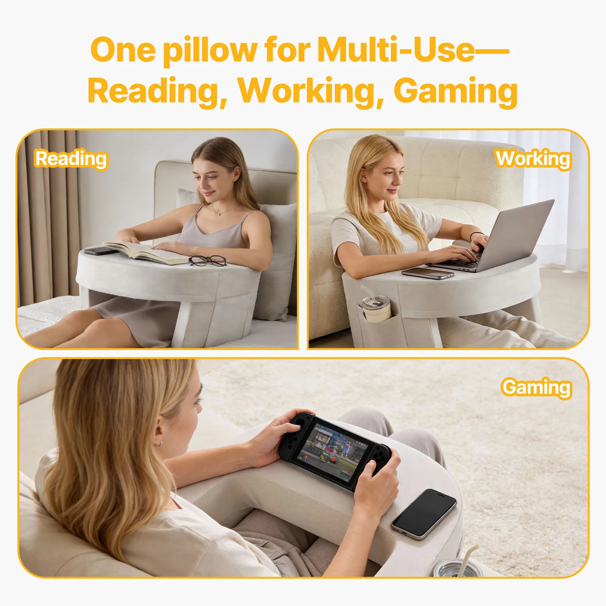 MCQ Ergonomic Curved Reading Pillow With Cup Holder Cooling Cover