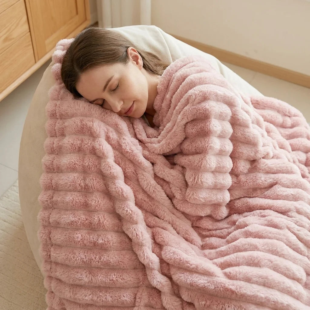 Thick Coral Fleece Striped Blanket For Bed And Couch