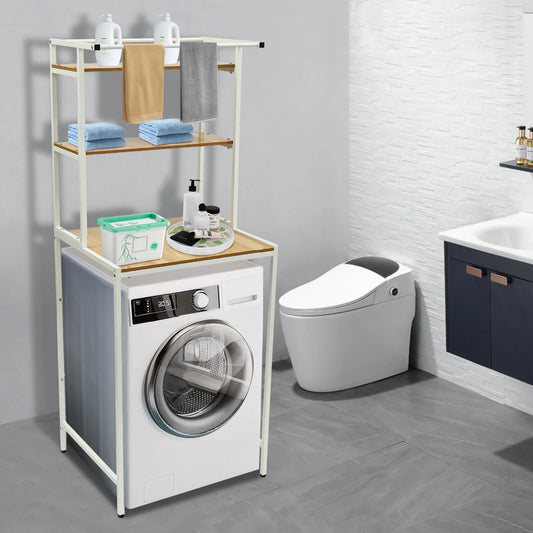 Triple Tier Washer Dryer Storage Shelf With Hanging Rod