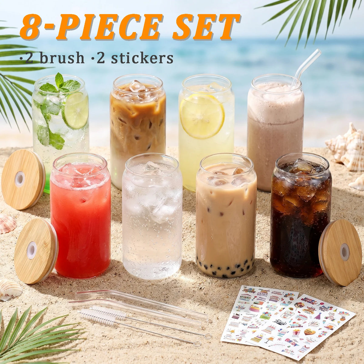 Glass Iced Coffee Cups With Bamboo Lids And Glass Straws