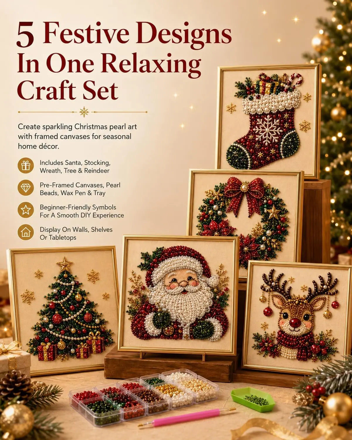 DIY Christmas Pearl Diamond Painting Art Kit With Frame
