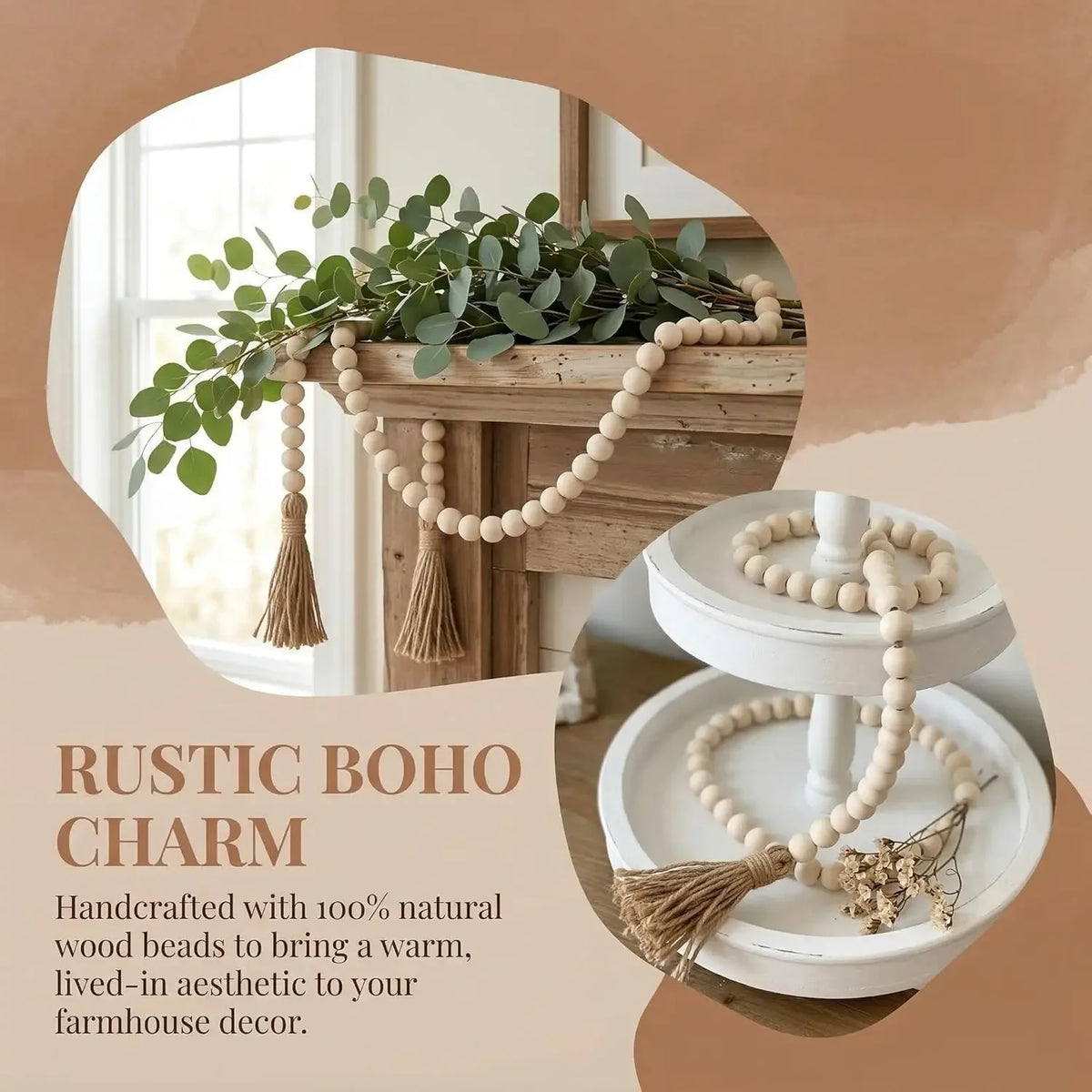 Boho Farmhouse Tassel Garland With Beads For Wall Cabinet Decor