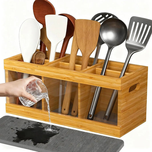 Garvee Bamboo Utensil Organizer With Diatomaceous Drying Mat